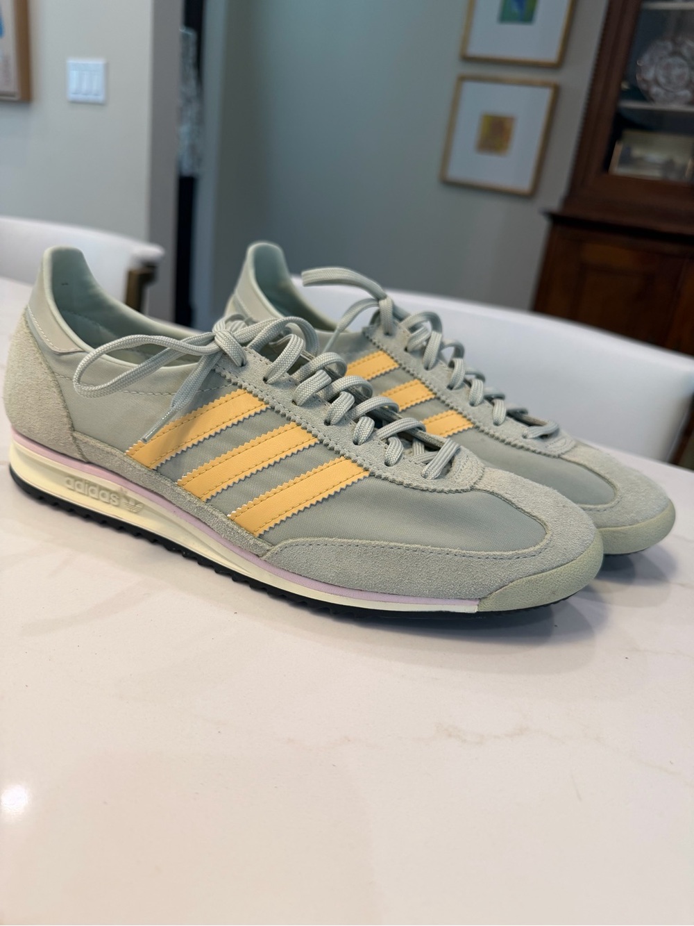adidas Women’s Light Green Sneakers with Yellow Stripes